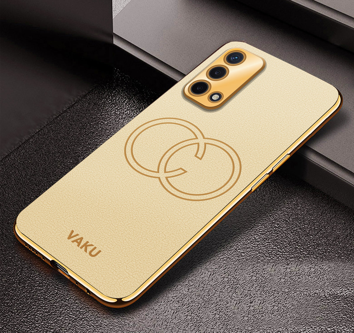 Vaku ® Oppo A74 4G Cheron Leather Stitched Gold Electroplated Soft TPU –