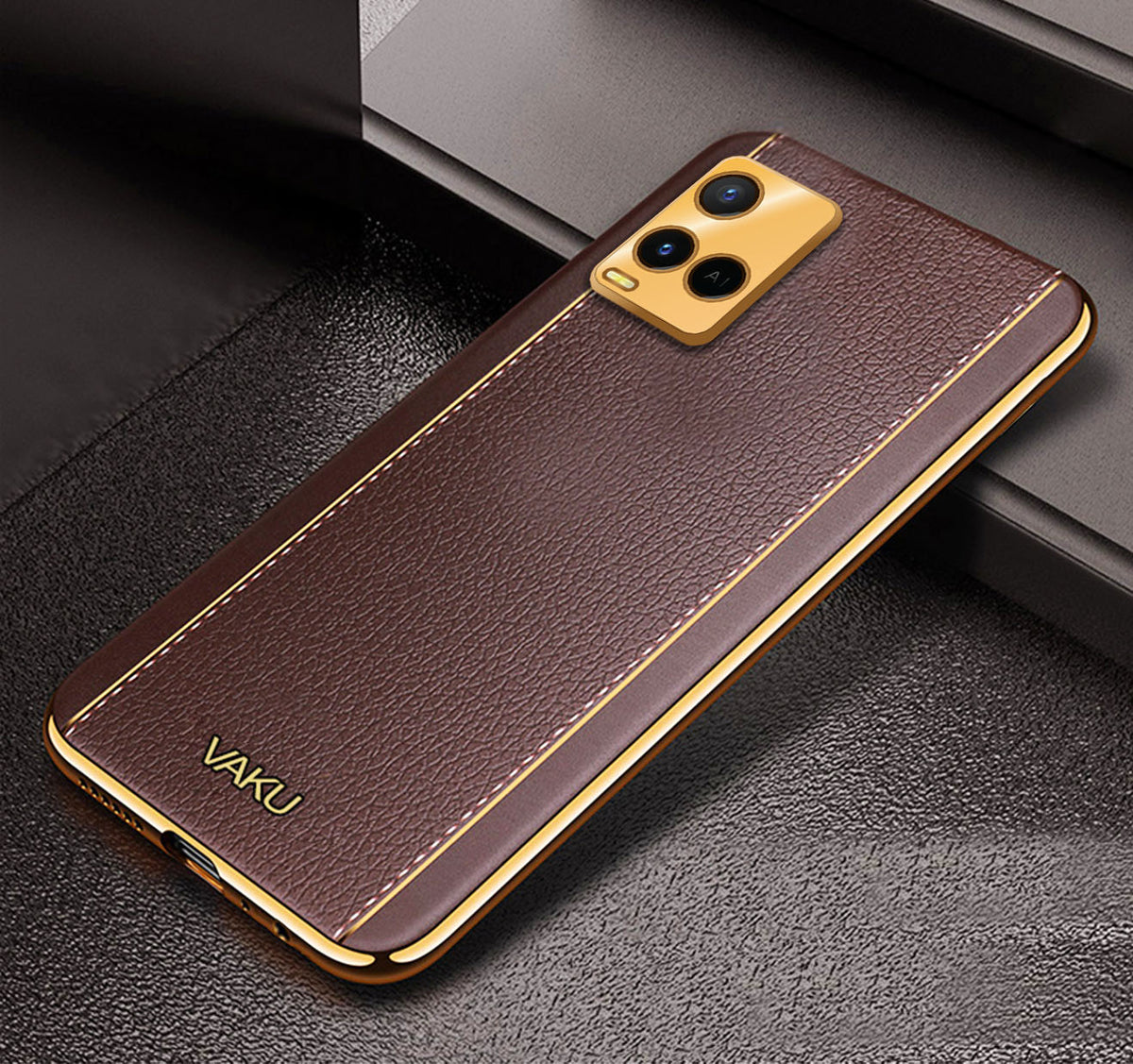 Vaku® Vivo Y21 Luxemberg Series Leather Stitched Gold