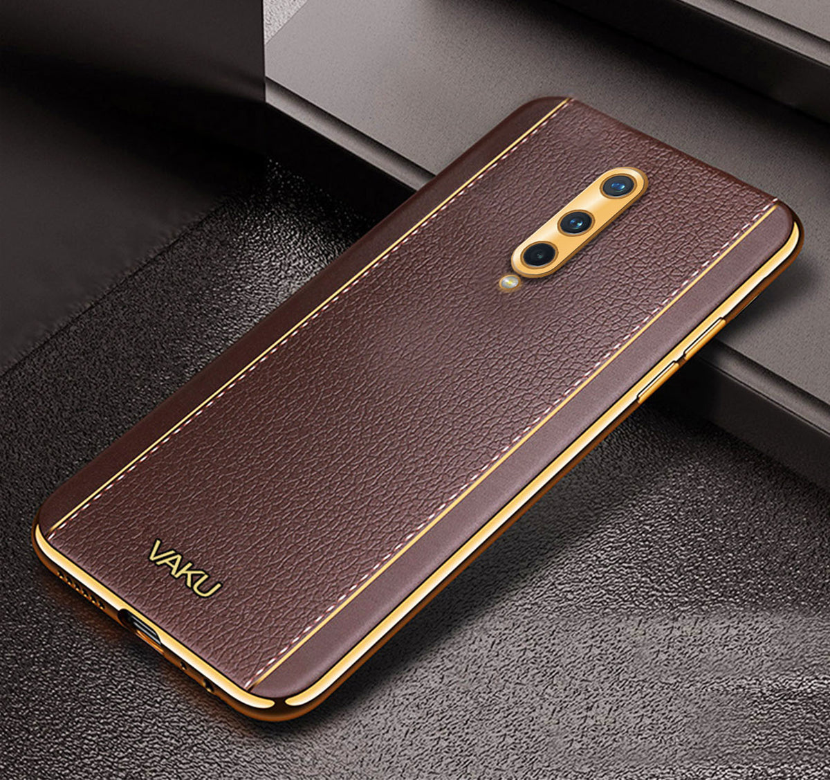 Vaku ® OnePlus 8 Cheron Series Leather Stitched Gold Electroplated