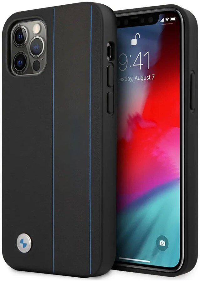 BMW ® Apple iPhone 13 Pro Max Real Leather Debossed Wordmark Blue Outlines Signature Collection Hard Case