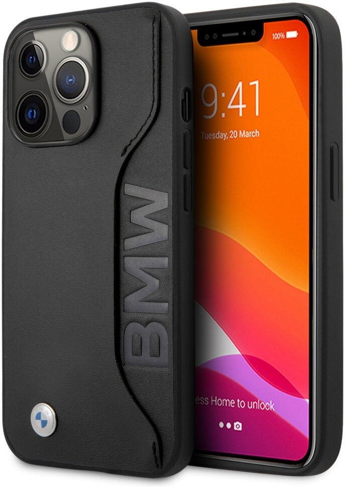 BMW ® For iPhone 13 Pro Real Leather Debossed Wordmark Blue Outlines Signature Collection Hard Case