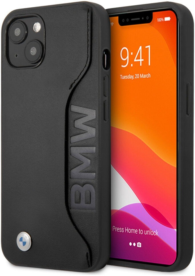 BMW ® Apple iPhone 13 Real Leather Debossed Wordmark Tone On Tone Stitchings with Cardslot Back Cover