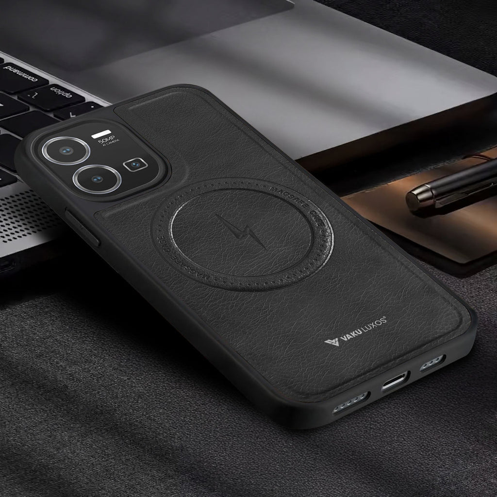 Vaku ® Vivo Y35 Maxtron Leather Stitched Magnetic Magsafe Back Cover