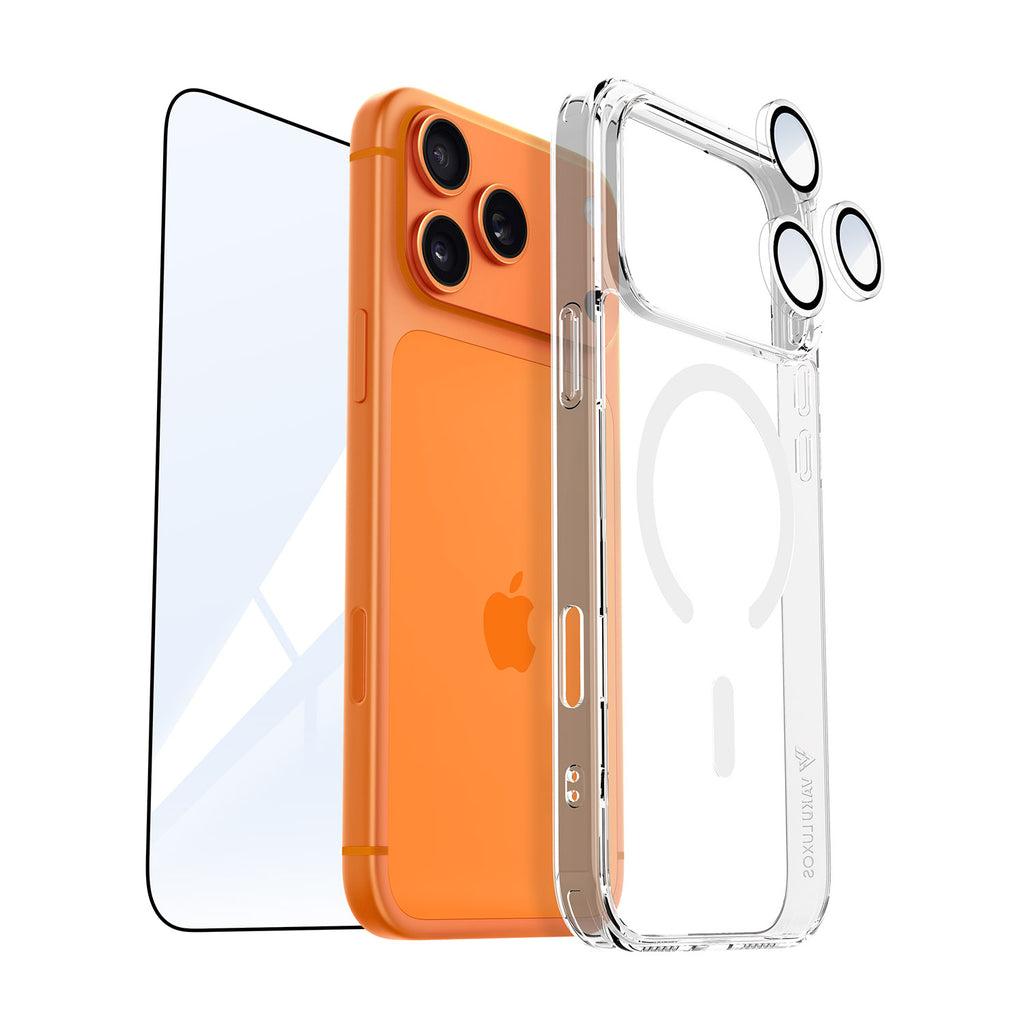 Vaku Luxos ® 3in1 Value Combo Pack Glassy Magpro Clear Back Cover Case + Tempered Glass + Camera Lens Protector Screen Guard for iPhone 17 / 17 Air / 17 Pro / 17 Pro Max
