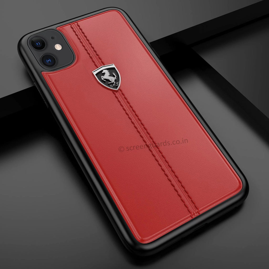 Ferrari ® Apple iPhone 11 Vertical Contrasted Stripe - Material Heritage Leather Back Cover