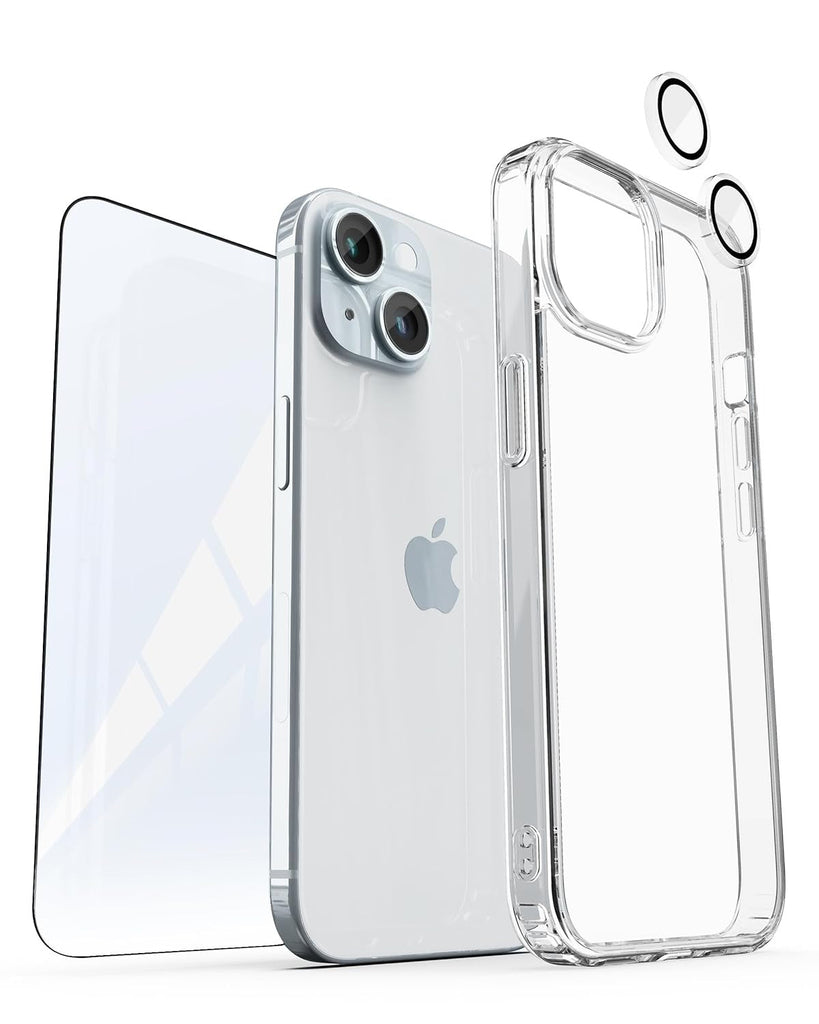 Vaku® 3in1 Combo Pack Glassy Clear Silicone Back Cover Case + 3D Tempered Glass + Camera Lens Protector  for iPhone 15 / 15 Plus / 15 Pro / 15 Pro Max