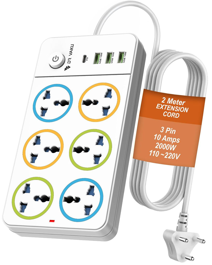 DR VAKU ® 10in1 2000W Extension Board with 6 Universal Sockets & 2 Meter Heavy Duty Cord
