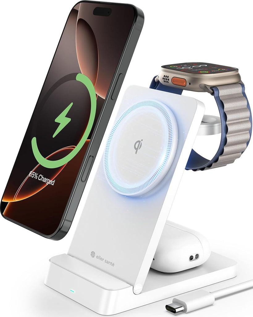 Vaku Luxos® 23W Nexfold Magnetic Wireless Mag-Safe Charger Dock Station For iPhone 16/16 Plus/16 Pro/16 Pro Max, iPhone 15 14/13/12 Series / Airpods, Apple Watch Series 4 /3 /2 /1