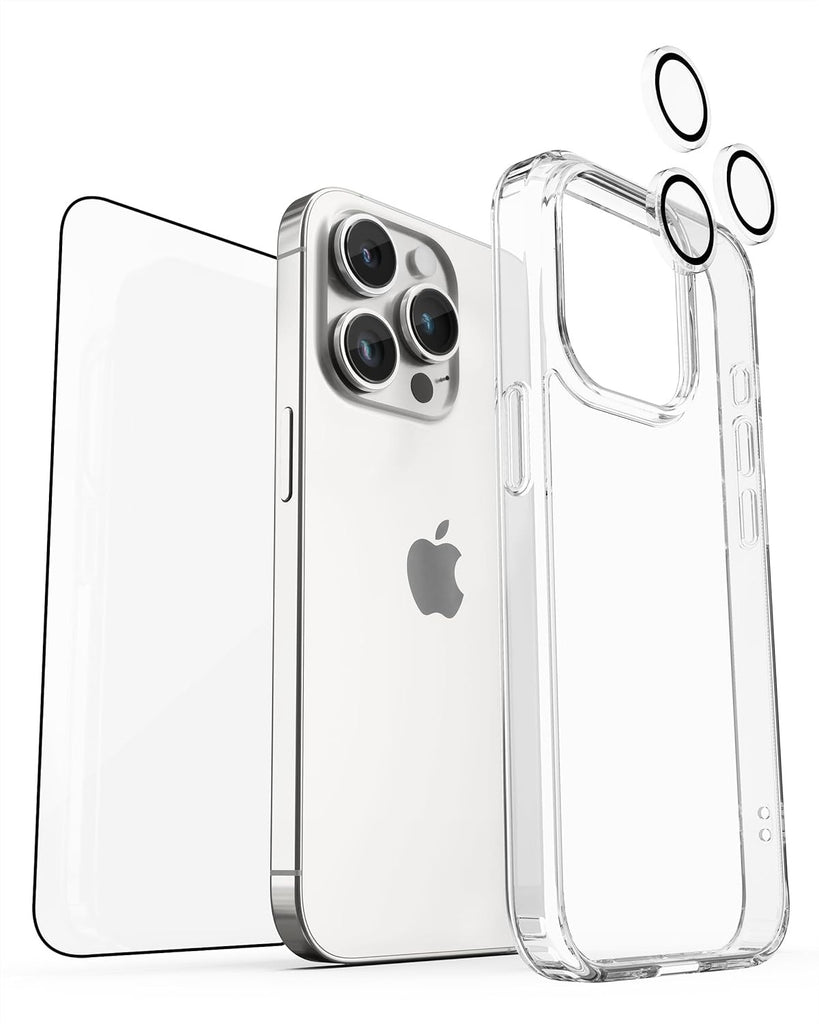 Vaku ® 3in1 Combo Pack Glassy Clear Silicone Back Cover Case + 3D Tempered Glass + Camera Lens Protector  for iPhone 15 / 15 Plus / 15 Pro / 15 Pro Max