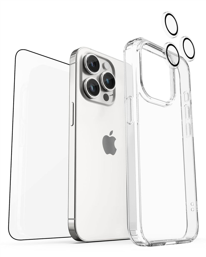 Vaku® 3in1 Combo Pack Glassy Clear Silicone Back Cover Case + 3D Tempered Glass + Camera Lens Protector  for iPhone 15 / 15 Plus / 15 Pro / 15 Pro Max