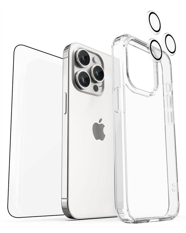 Vaku ® 3in1 Combo Pack Glassy Clear Back Cover + 3D Tempered Glass + Camera Lens Protector for iPhone 15 Series