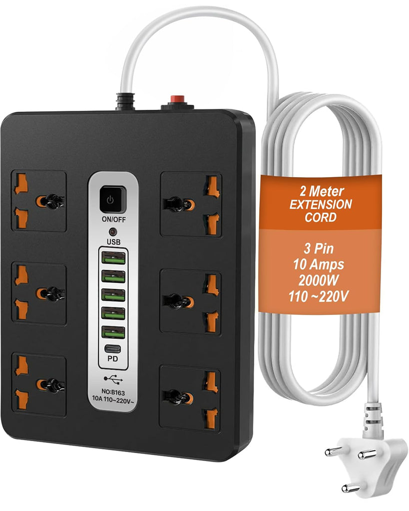 DR VAKU ® 12in1 2000W Extension Board with 6 Universal Sockets & 2 Meter Heavy Duty Cord