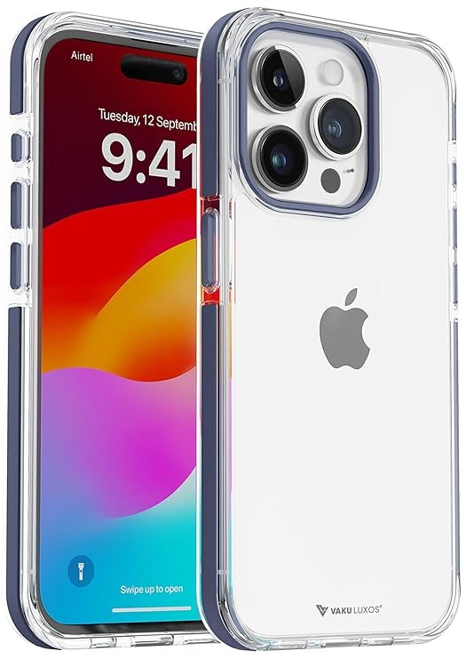 Vaku ® Apple iPhone 15 / 15 Plus / 15 Pro / 15 Pro Max Vortex Gel Cushion Slim Fit Shockproof Crystal Clear Camera Metal Ring Back Cover