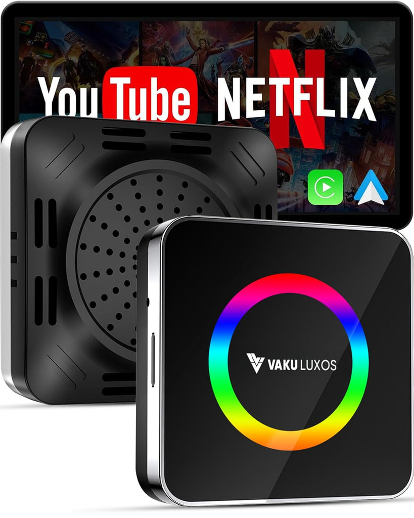 Vaku Luxos® AUTOGLIDE LED Wireless Apple CarPlay & Android Auto Adapter Video Streaming YouTube, Netflix, GPS Navigation, Backup Camera & TF Card Playback for All Cars