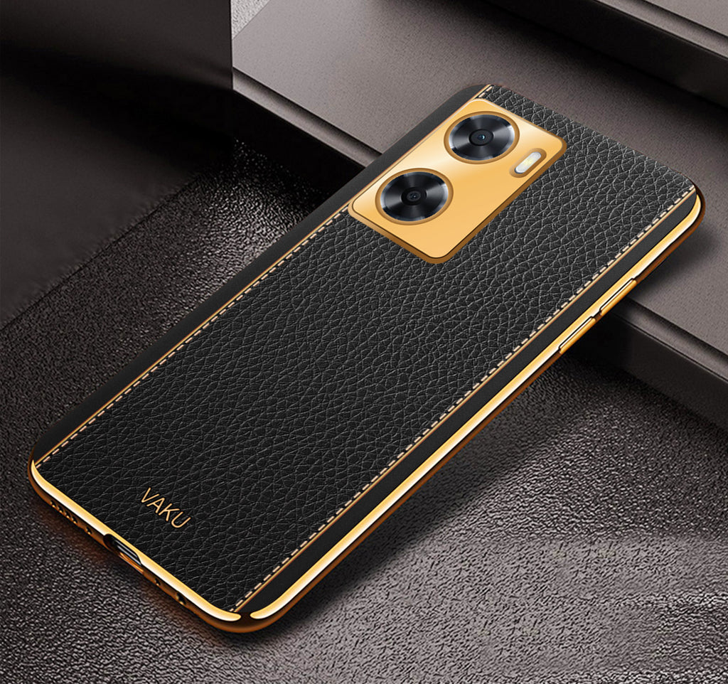 Vaku® Oppo A57 Luxemberg Series Leather Stitched Gold Electroplated Soft TPU Back Cover