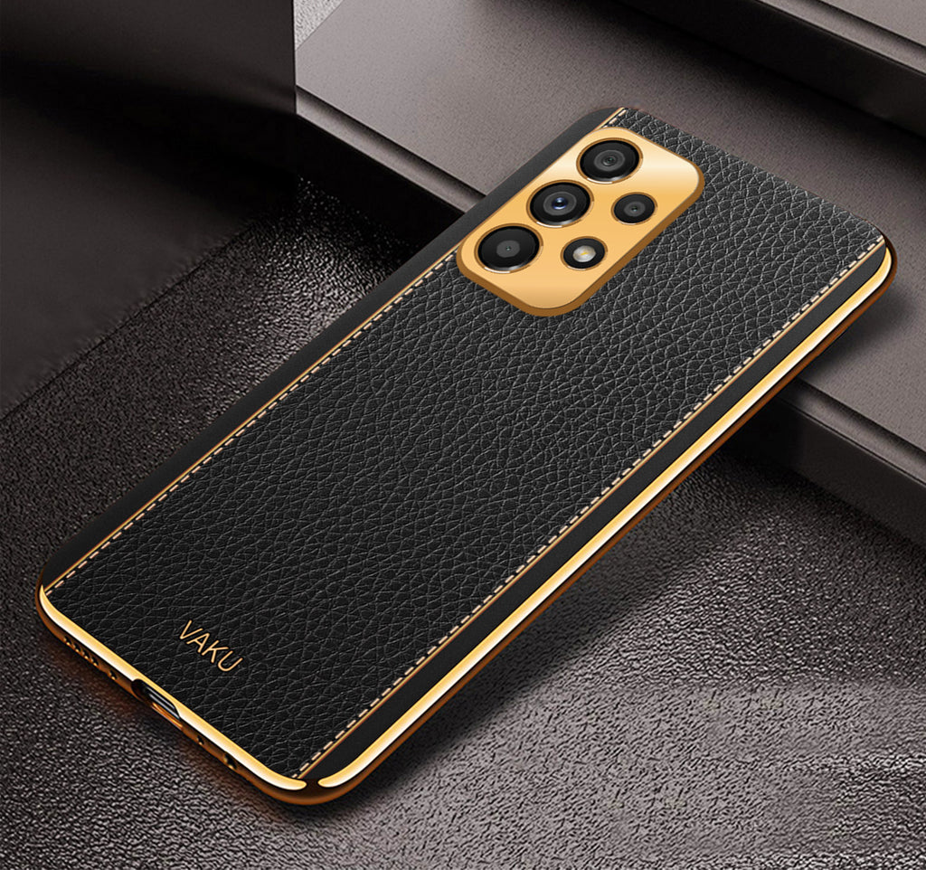Vaku® Samsung Galaxy A73 5G Luxemberg Series Leather Stitched Gold Electroplated Soft TPU Back Cover