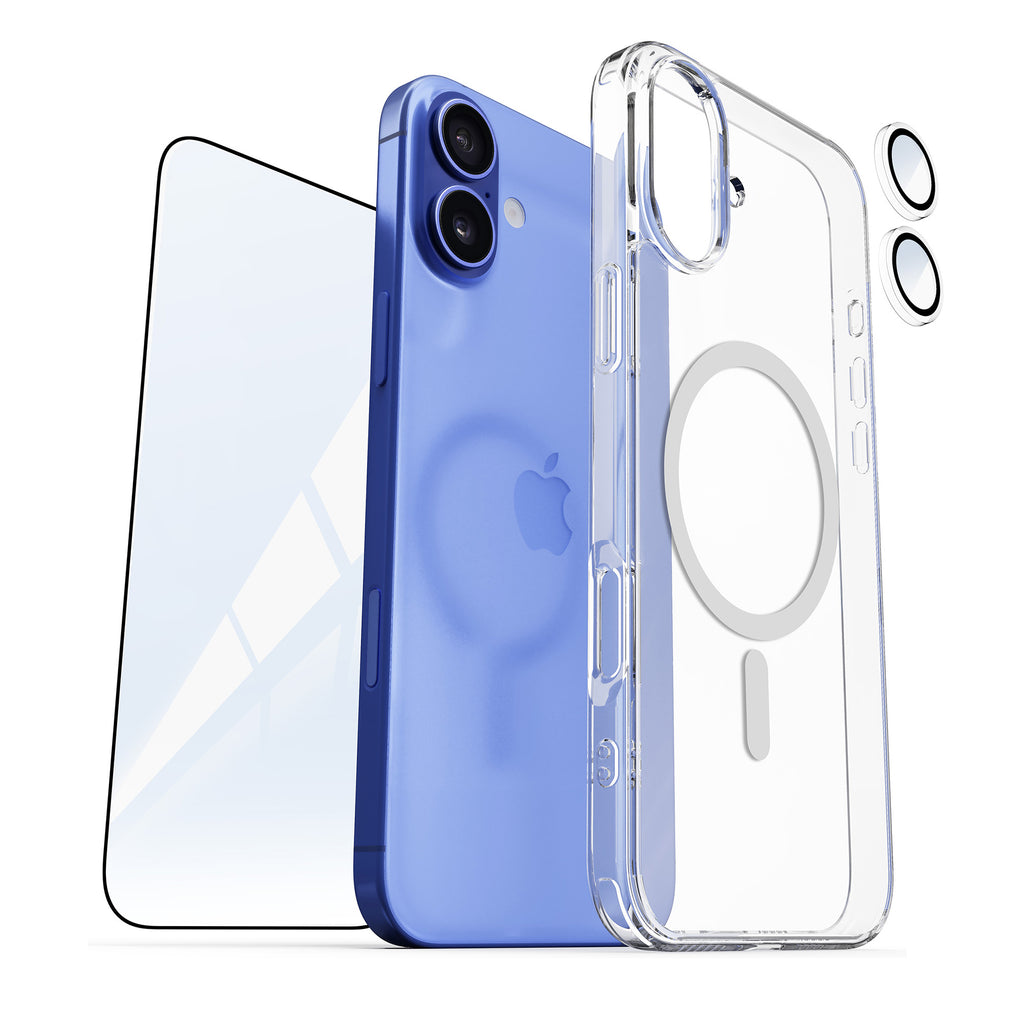 Vaku ® 3in1 Value Combo Pack Glassy Magpro Clear Silicone Back Cover Case + 3D Tempered Glass + Camera Lens Protector Screen Guard for iPhone 16 / 16 Plus / 16 Pro / 16 Pro Max