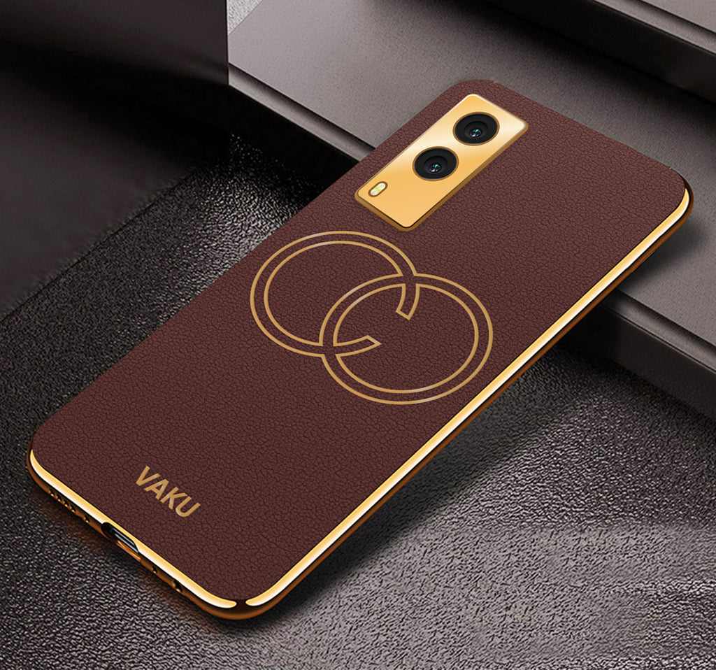 Vaku® Vivo V21e 5G Skylar Leather Finish Gold Electroplated Soft TPU Back Cover