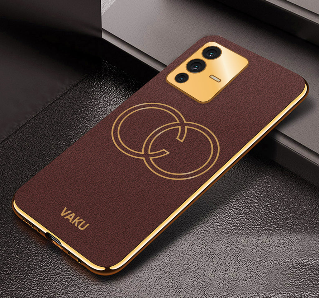 Vaku® Vivo V23 5G Skylar Leather Pattern Gold Electroplated Soft TPU Back Cover