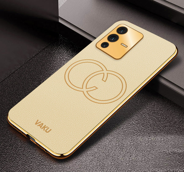 Vaku® Vivo V23 5G Skylar Leather Pattern Gold Electroplated Soft TPU Back Cover