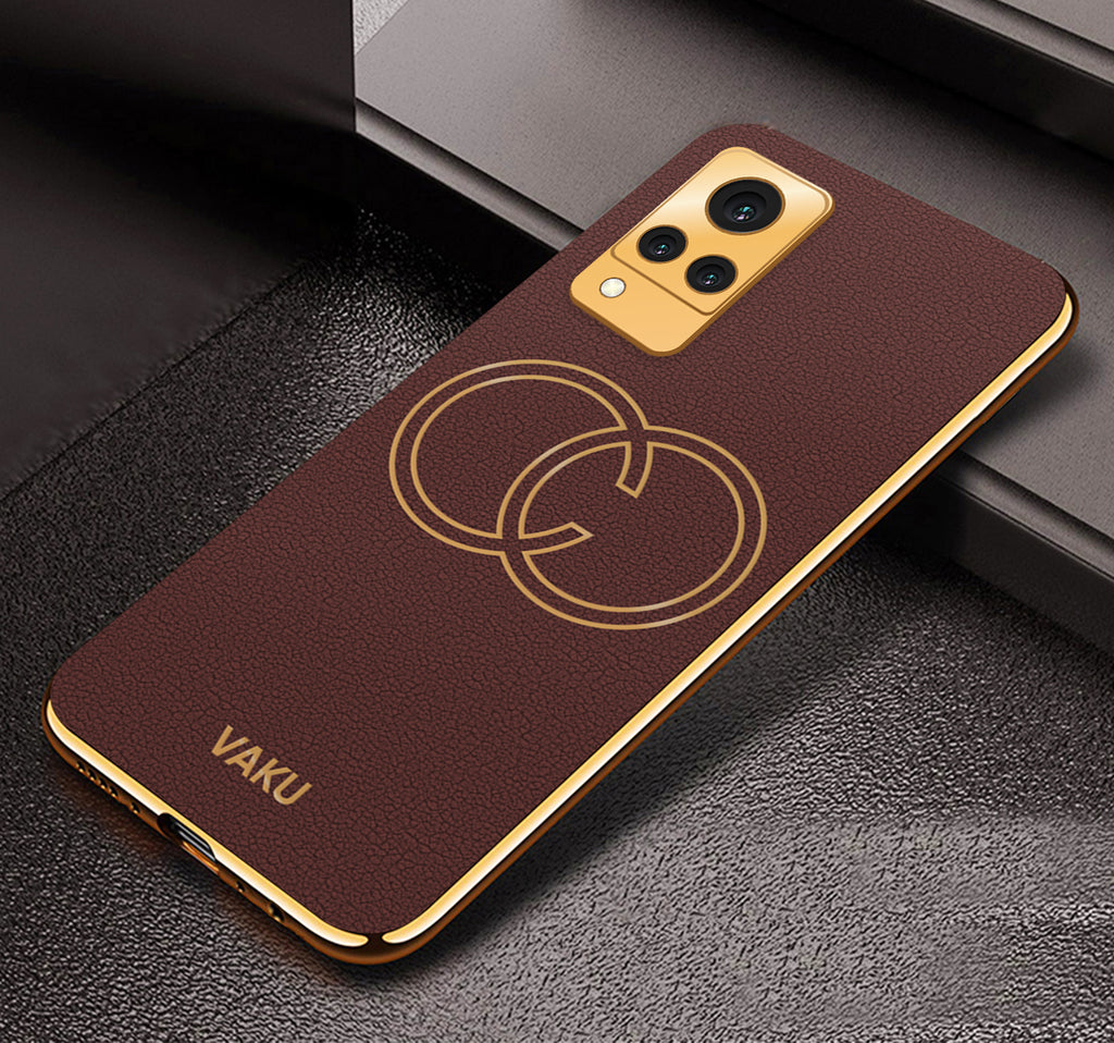 Vaku® Vivo V21 5G Skylar Leather Finish Gold Electroplated Soft TPU Back Cover