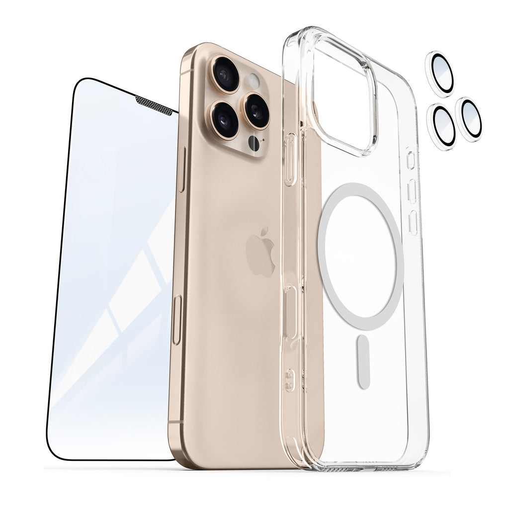 Vaku ® 3in1 Value Combo Pack Glassy Magpro Clear Silicone Back Cover Case + 3D Tempered Glass + Camera Lens Protector Screen Guard for iPhone 16 / 16 Plus / 16 Pro / 16 Pro Max