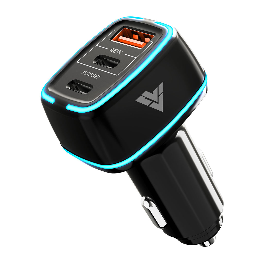 Vaku ® Xenovolt USB C 65W Three Port Fast Car Charger PD & QC 3.0 for IOS & Android Devices