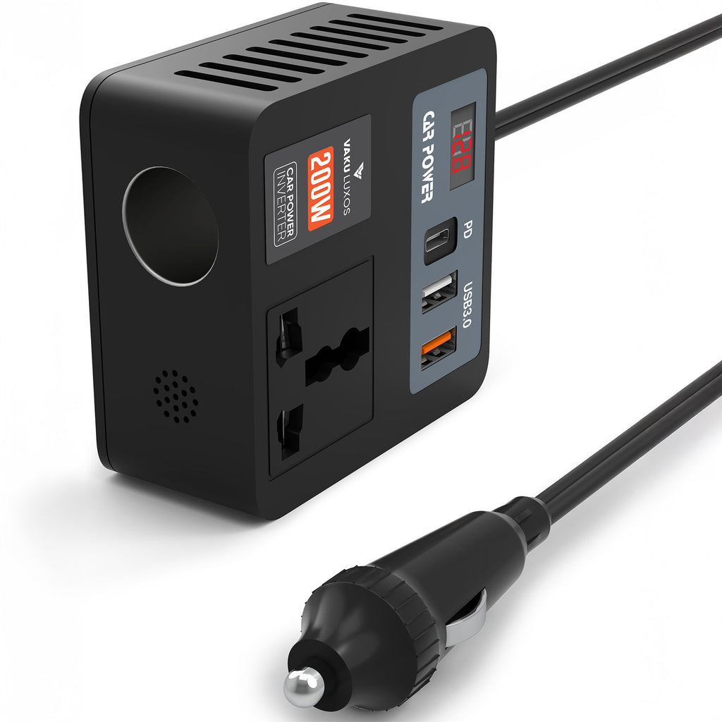 DR VAKU ® 5in1 VoltDrive Neo 200W Fast Charging Car Power Inverter 12V DC to 220V AC Socket Converter