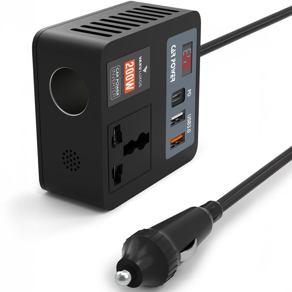 DR VAKU ® 5in1 VoltDrive Neo 200W Fast Charging Car Power Inverter 12V DC to 220V AC Socket Converter