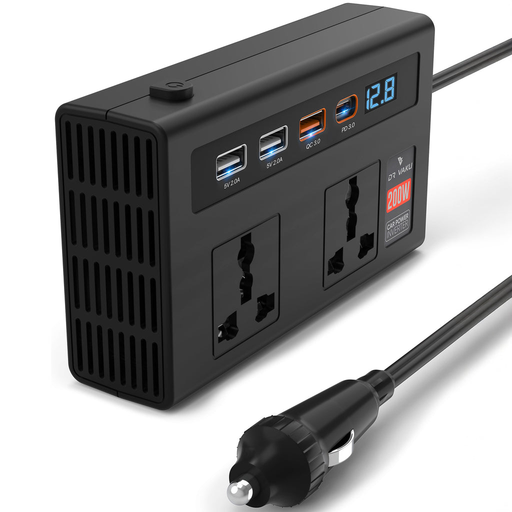 DR VAKU ® 7in1 VoltDrive Pro 200W Fast Charging Car Power Inverter 12V DC to 220V AC Socket Converter