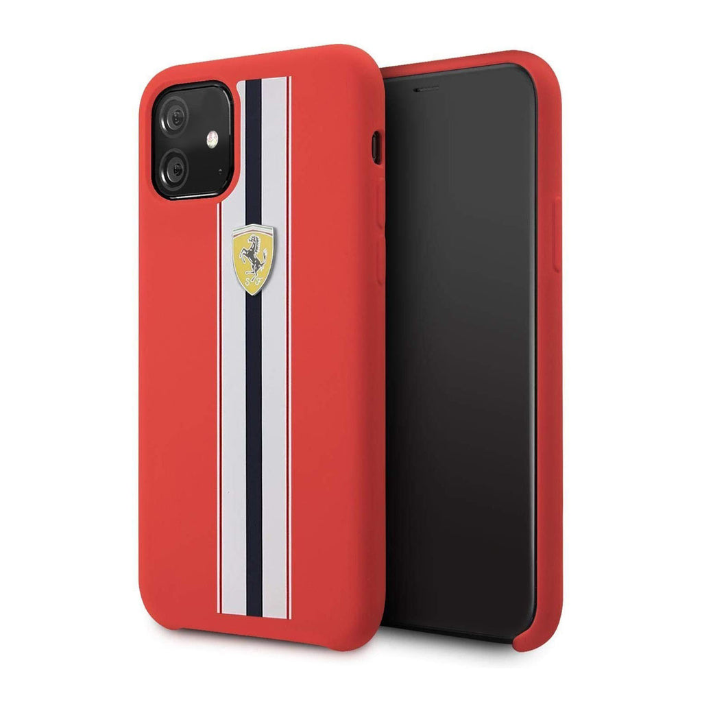 Ferrari ® Apple iPhone 11 White Stripe Liquid Silicon Velvet-Touch Silk Finish Back Cover