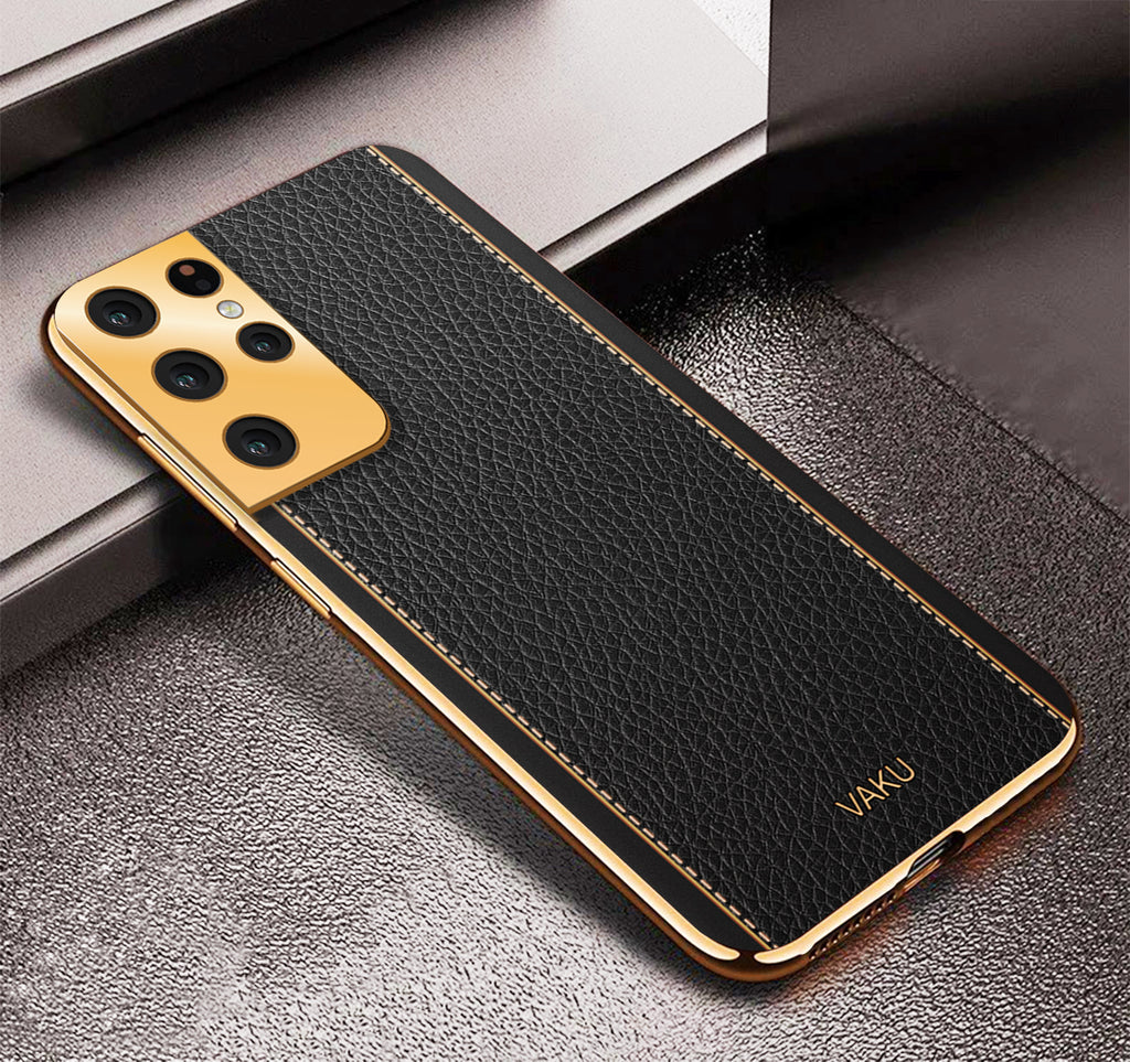 Vaku® Samsung Galaxy S21 Ultra Luxemberg Series Leather Stitched Gold Electroplated Soft TPU Back Cover