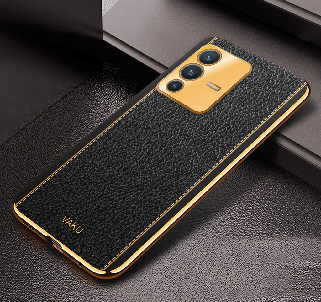 Vaku® Vivo V23 5G Luxemberg Series Leather Stitched Gold Electroplated Soft TPU Back Cover
