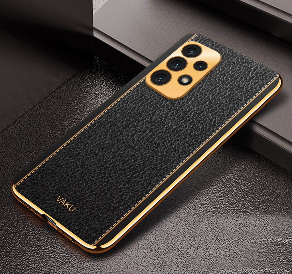 Vaku® Samsung Galaxy A32 4G Luxemberg Series Leather Stitched Gold Electroplated Soft TPU Back Cover