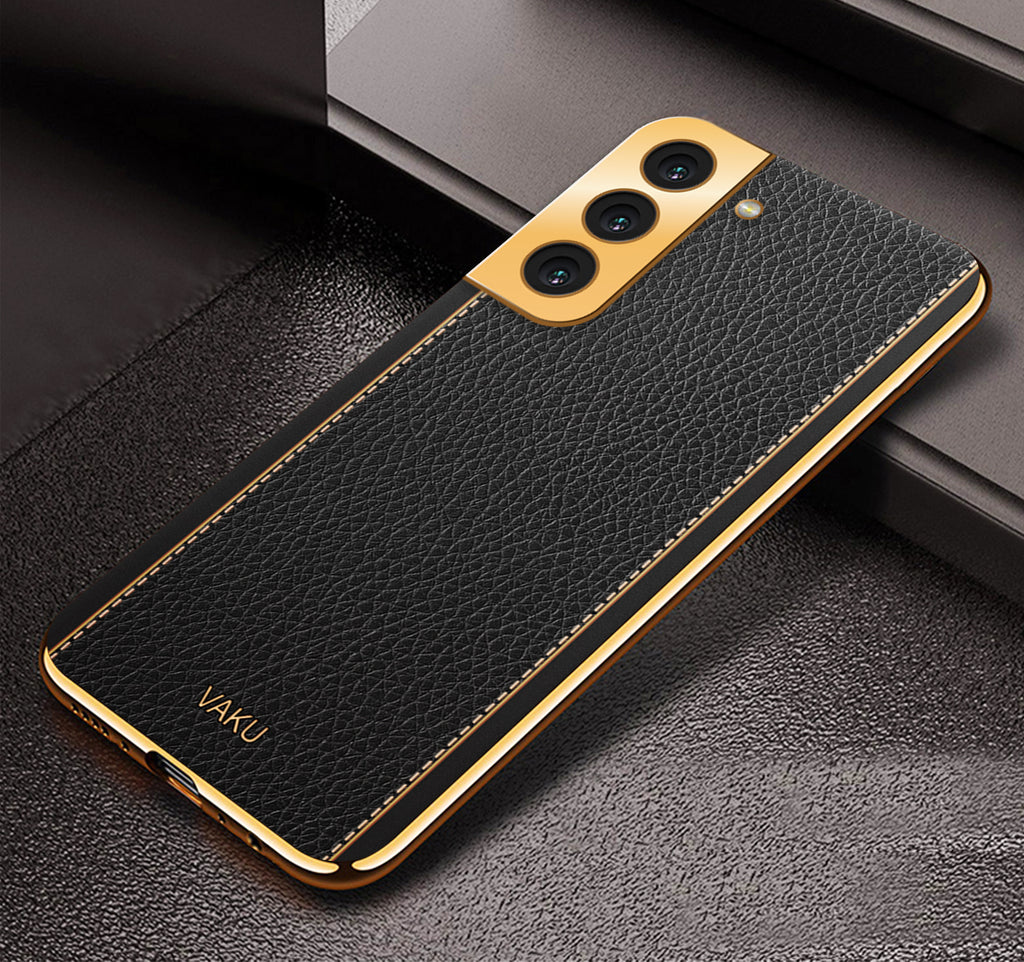 Vaku® Samsung Galaxy S21 FE 5G Luxemberg Series Leather Stitched Gold Electroplated Soft TPU Back Cover