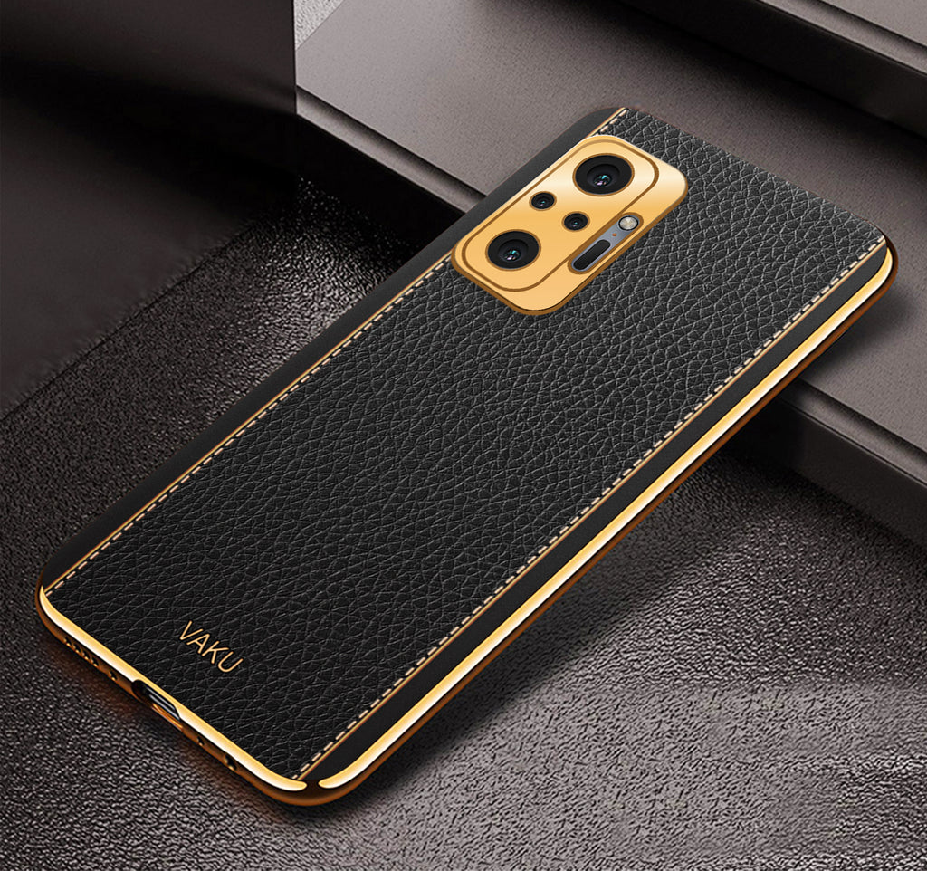 Vaku® Redmi Note 10 Pro Max Luxemberg Leather Stitched Gold Electroplated Soft TPU Back Cover