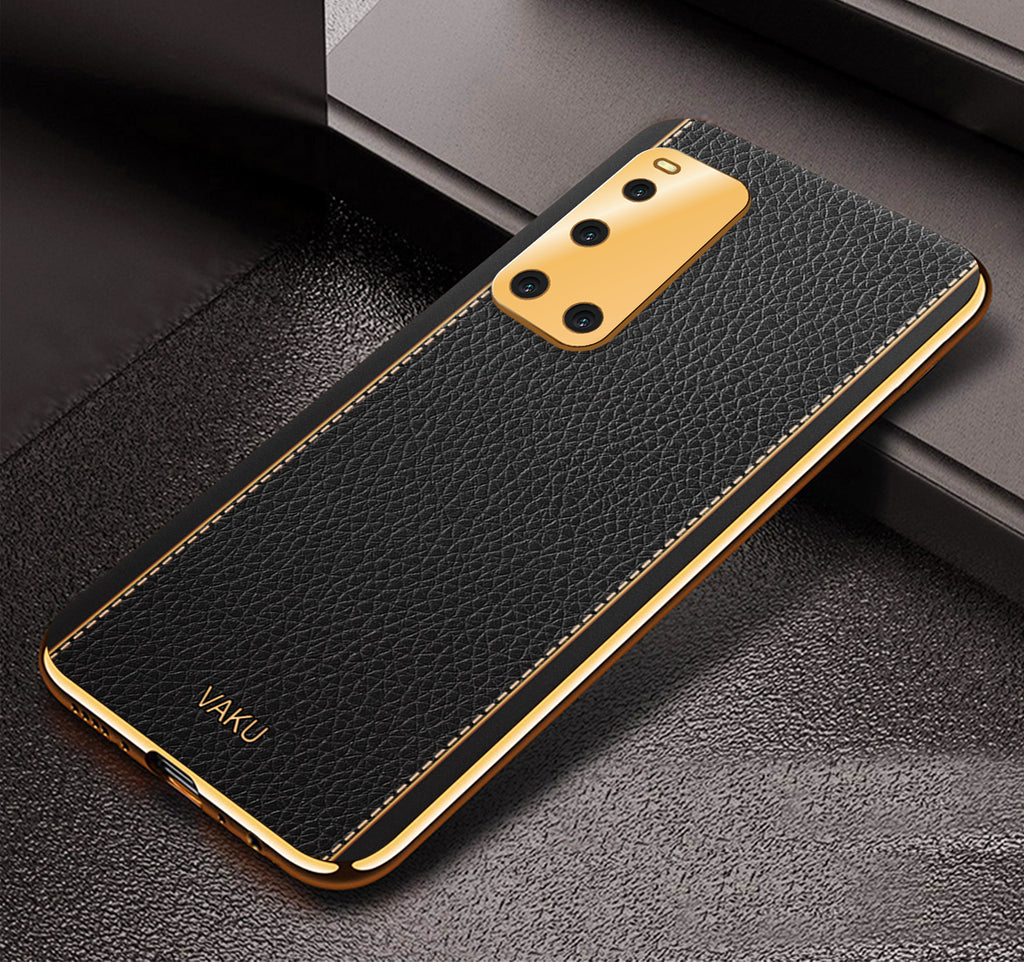 Vaku® Vivo V19 Luxemberg Series Leather Stitched Gold Electroplated Soft TPU Back Cover