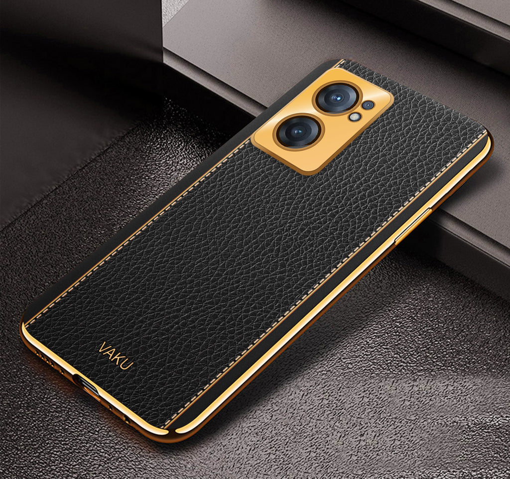 Vaku® Oneplus Nord CE 2 5G Luxemberg Series Leather Stitched Gold Electroplated Soft TPU Back Cover