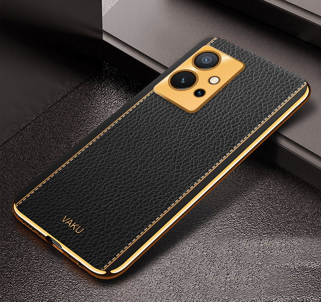 Vaku® Vivo Y75 5G Luxemberg Series Leather Stitched Gold Electroplated Soft TPU Back Cover