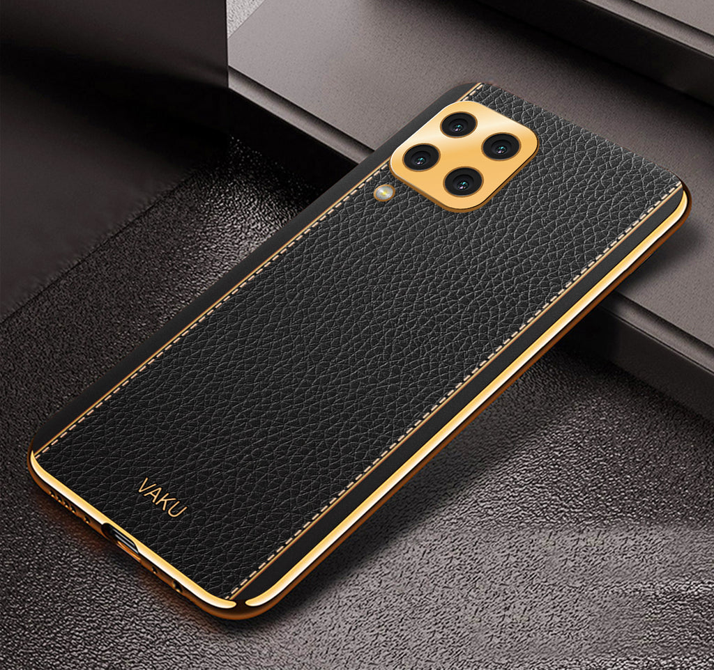 Vaku® Samsung Galaxy A22 4G Luxemberg Series Leather Stitched Gold Electroplated Soft TPU Back Cover