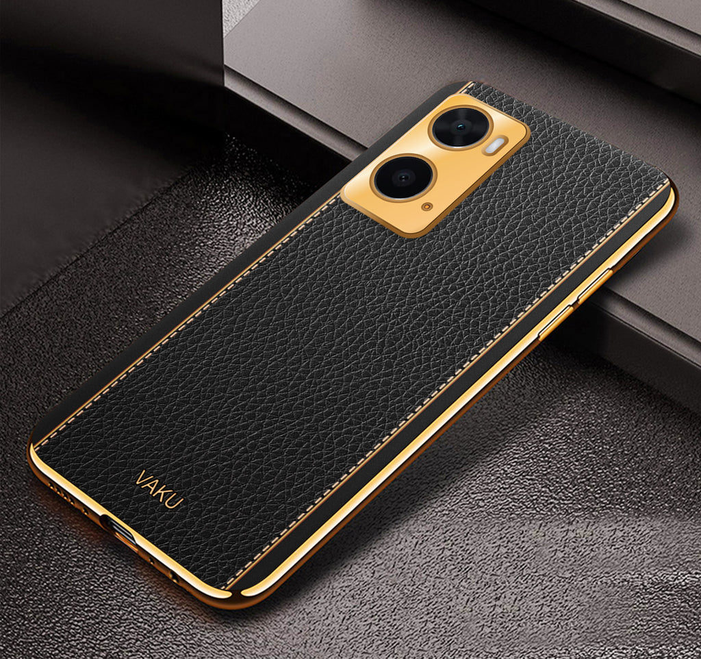 Vaku® Oppo A76 Luxemberg Series Leather Stitched Gold Electroplated Soft TPU Back Cover
