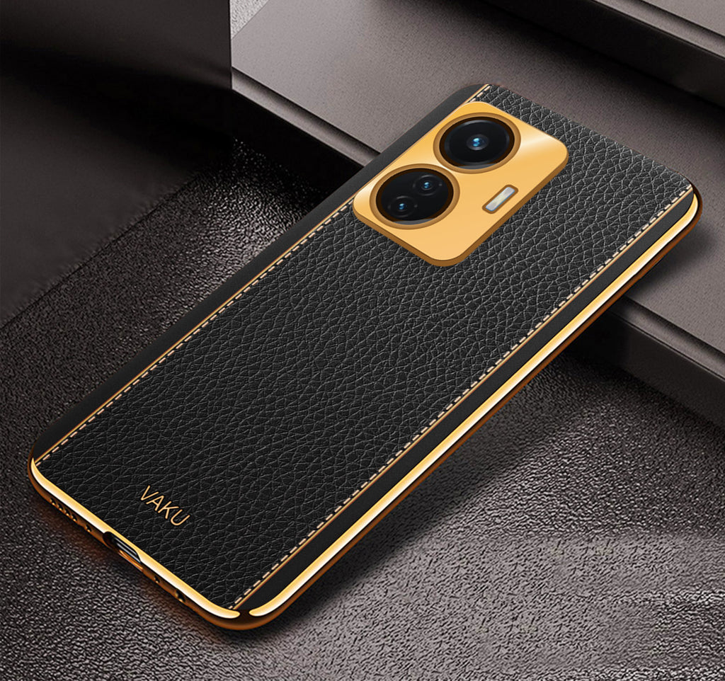 Vaku® Vivo T1 4G Luxemberg Series Leather Stitched Gold Electroplated Soft TPU Back Cover
