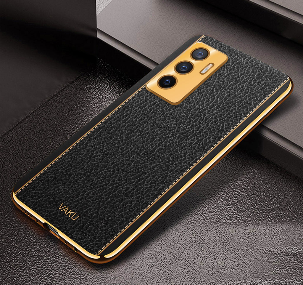 Vaku® Vivo V23e 5G Luxemberg Series Leather Stitched Gold Electroplated Soft TPU Back Cover