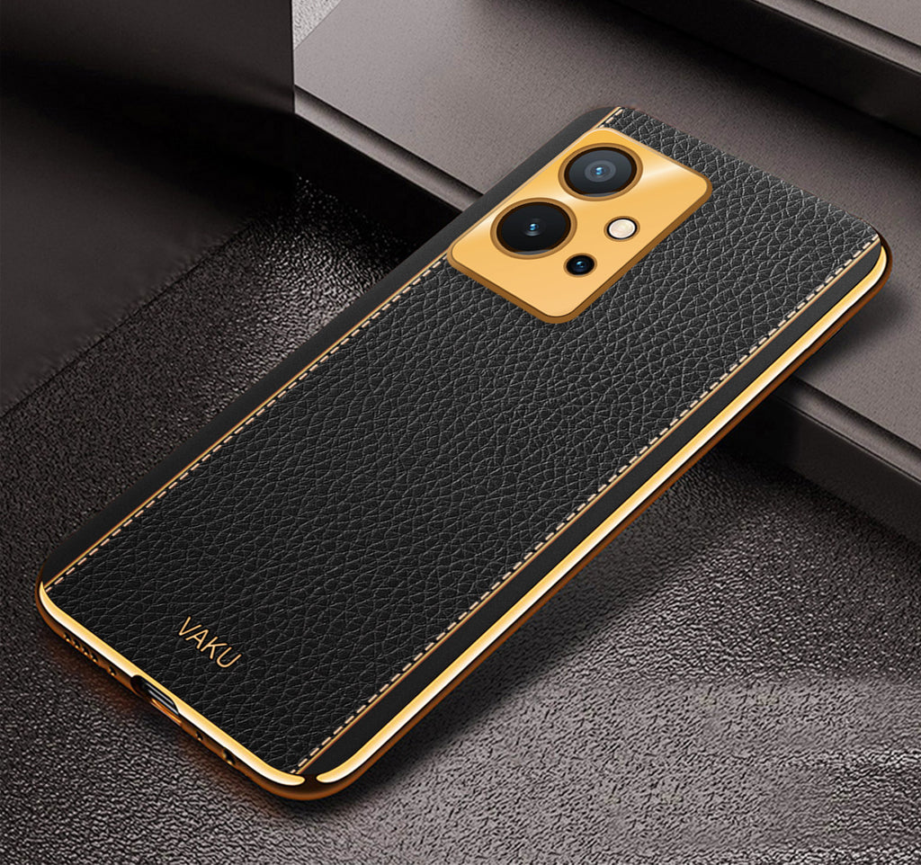 Vaku® Vivo T1 5G Luxemberg Series Leather Stitched Gold Electroplated Soft TPU Back Cover