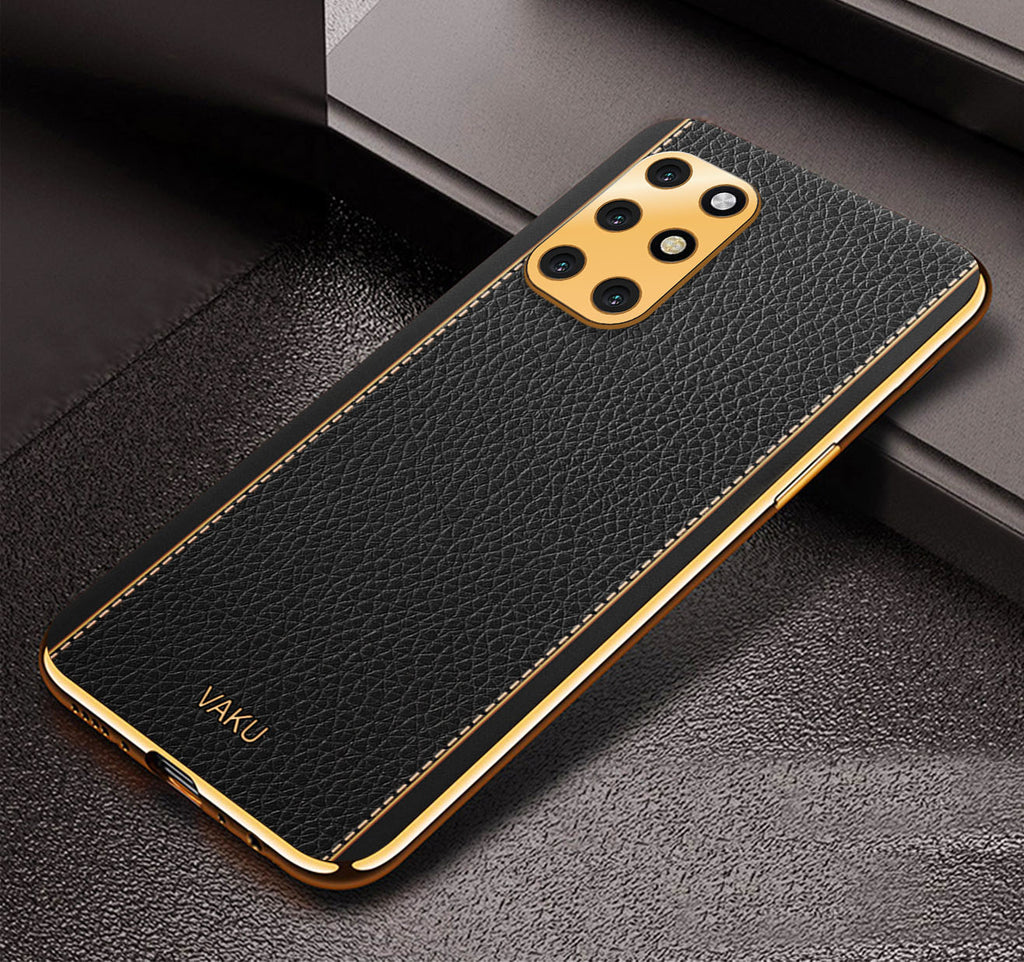 Vaku® OnePlus 8T Luxemberg Leather Stitched Gold Electroplated Soft TPU Back Cover