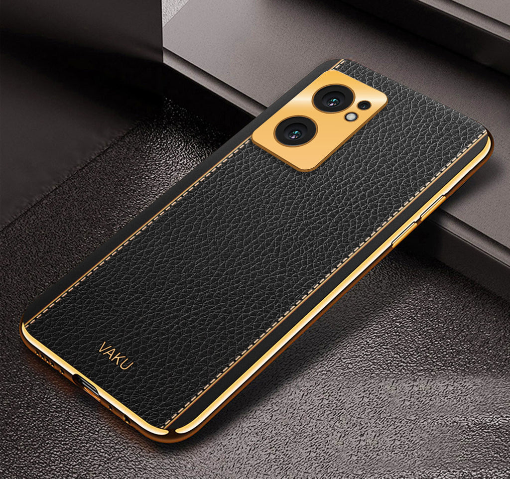 Vaku® Oppo Reno7 5G Luxemberg Series Leather Stitched Gold Electroplated Soft TPU Back Cover