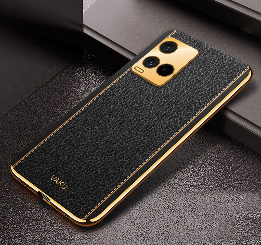 Vaku® Vivo Y21 Luxemberg Series Leather Stitched Gold Electroplated Soft TPU Back Cover