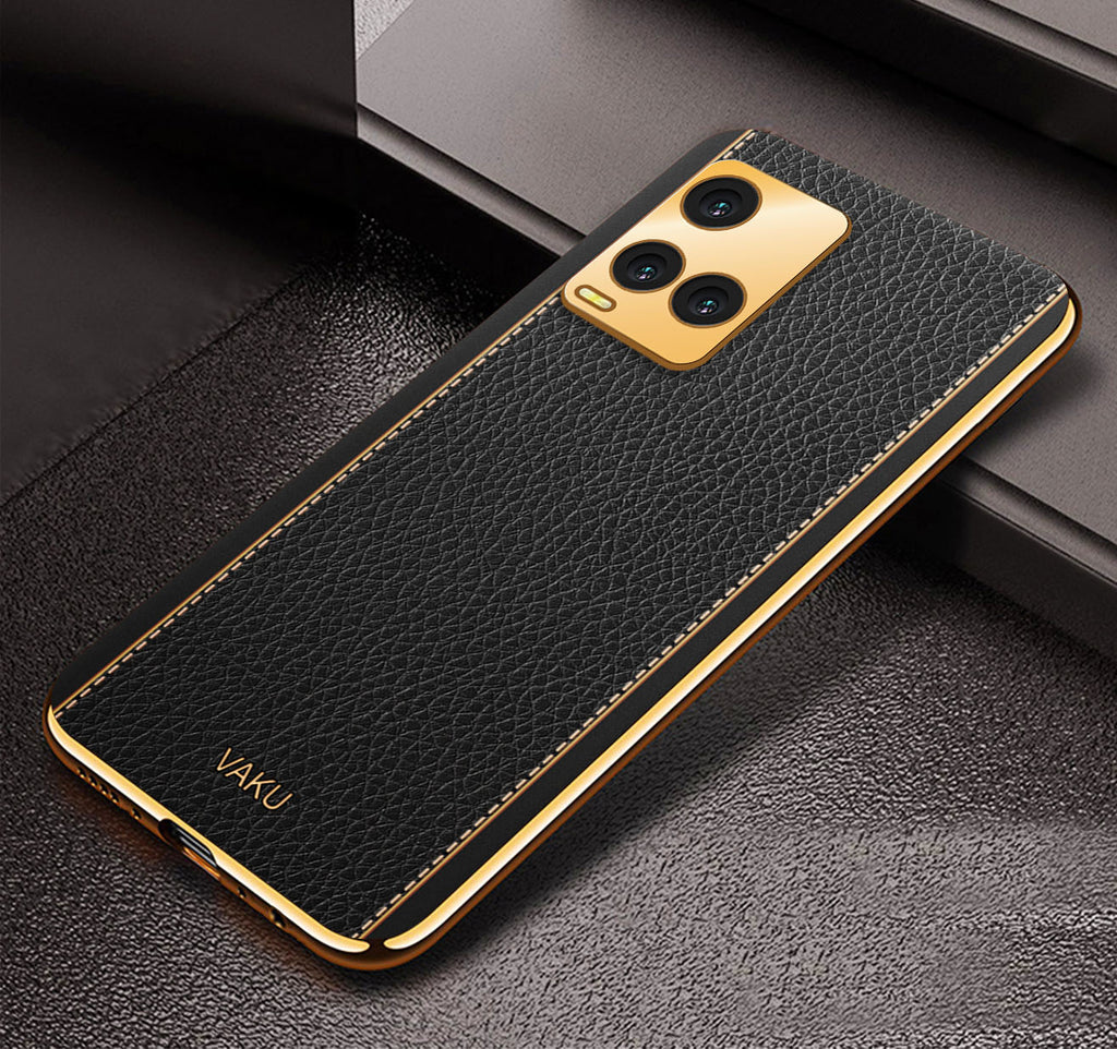 Vaku® Vivo Y21T Luxemberg Series Leather Stitched Gold Electroplated Soft TPU Back Cover