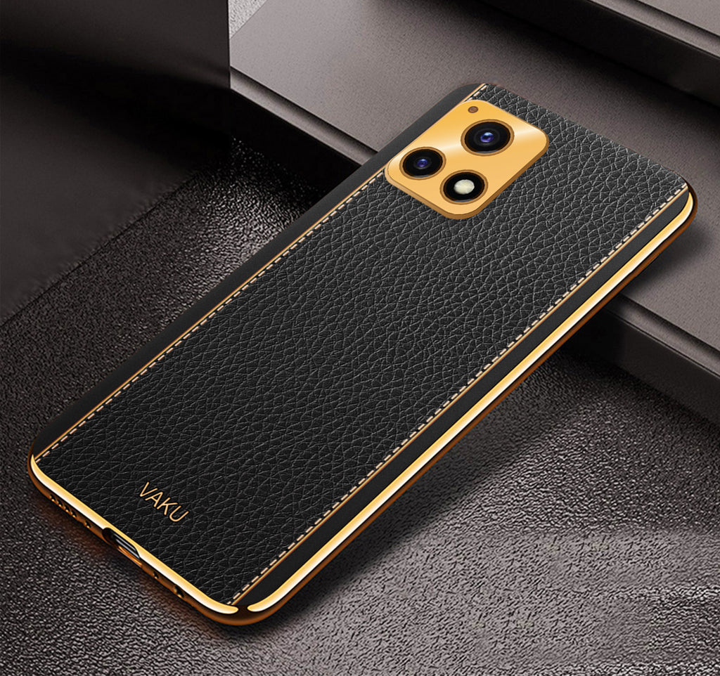 Vaku® Vivo Y72 5G Luxemberg Series Leather Stitched Gold Electroplated Soft TPU Back Cover