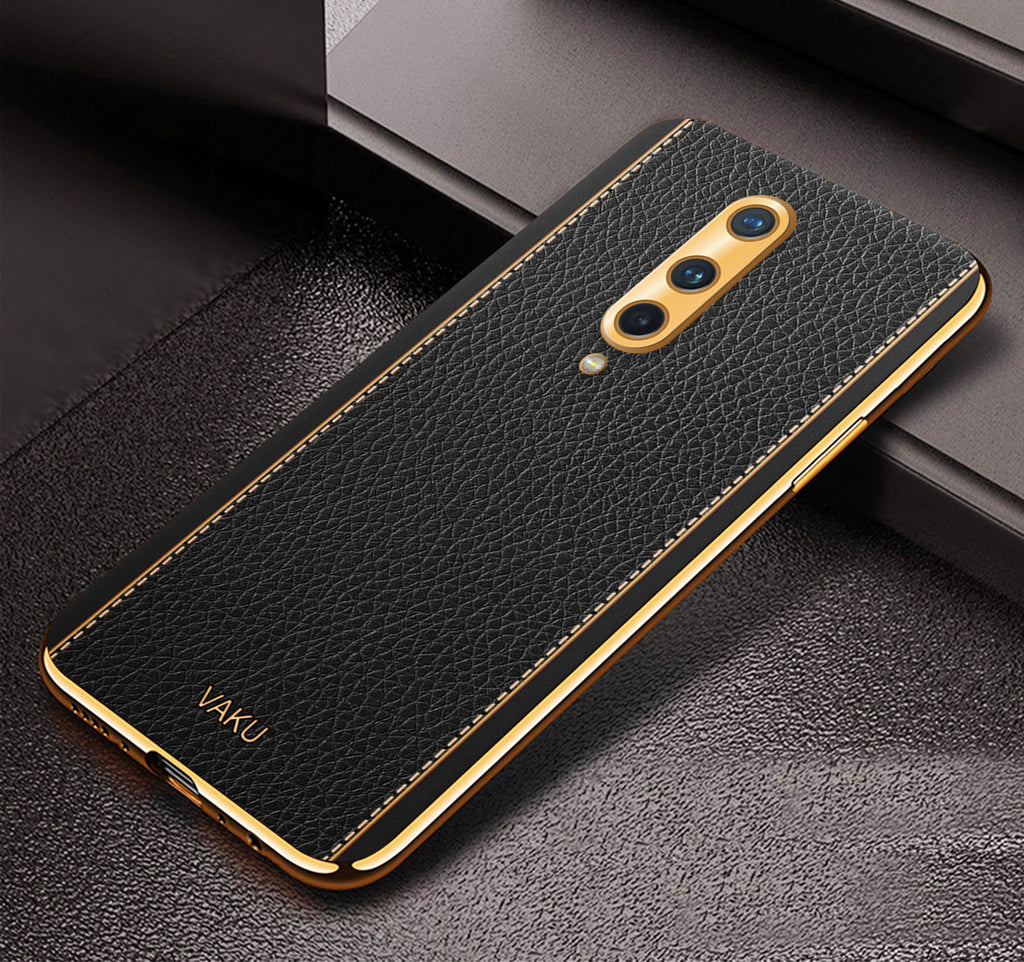 Vaku® OnePlus 8 Luxemberg Series Leather Stitched Gold Electroplated Soft TPU Back Cover